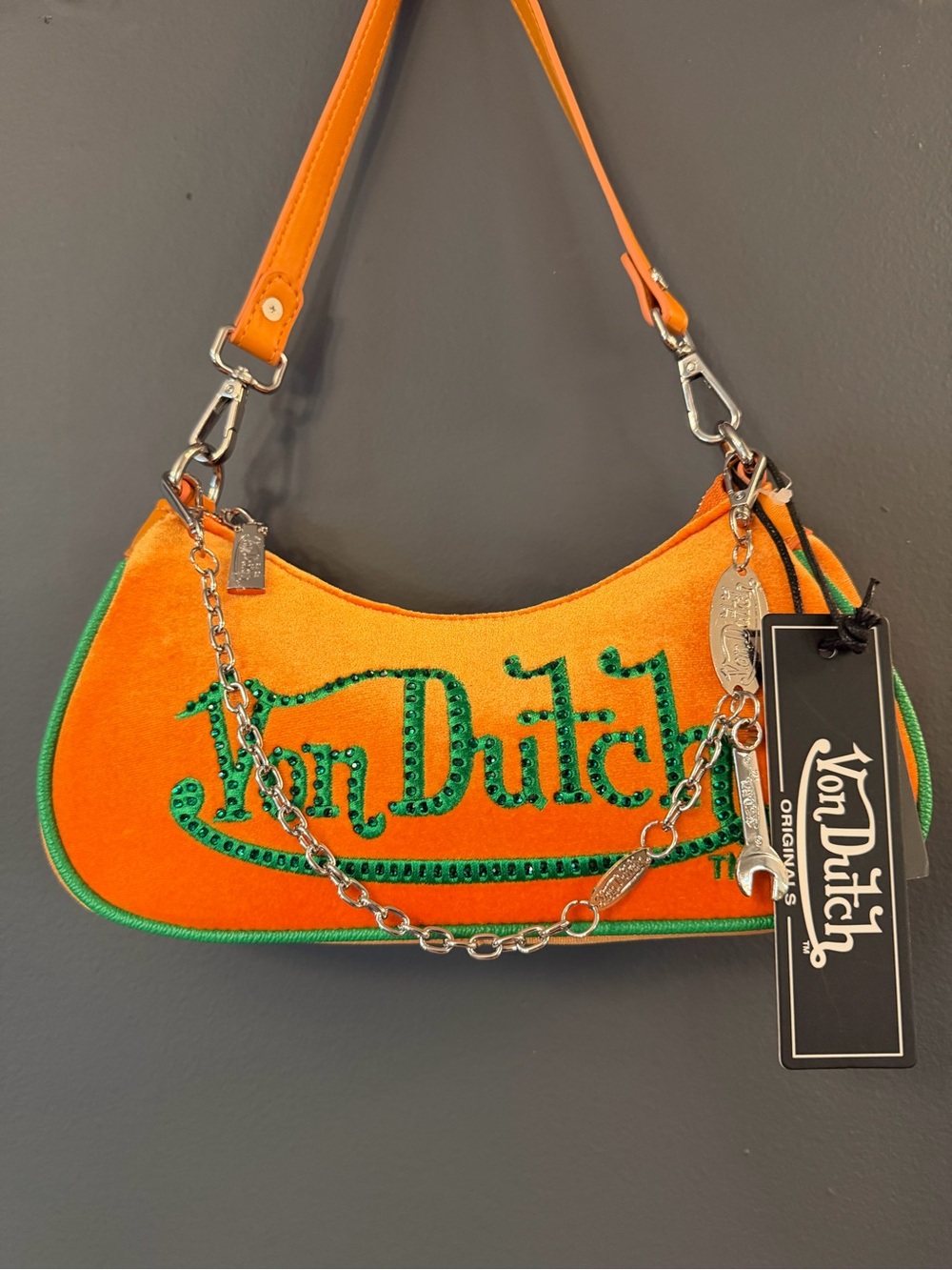 Von Dutch Orange Shoulder Bag with Green Trim and Embellishments